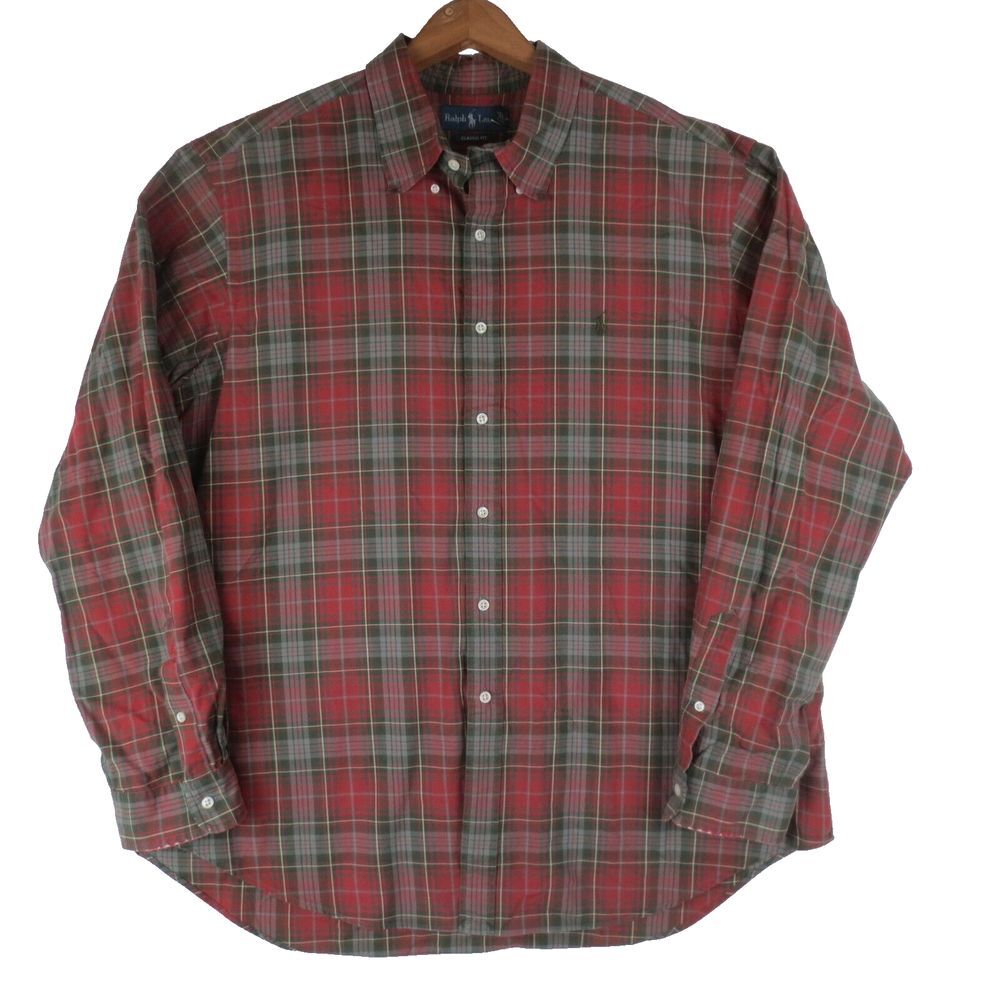 Ralph Lauren Shirt Mens XXL Red Olive Plaid Classic Long Sleeve Casual Button Up